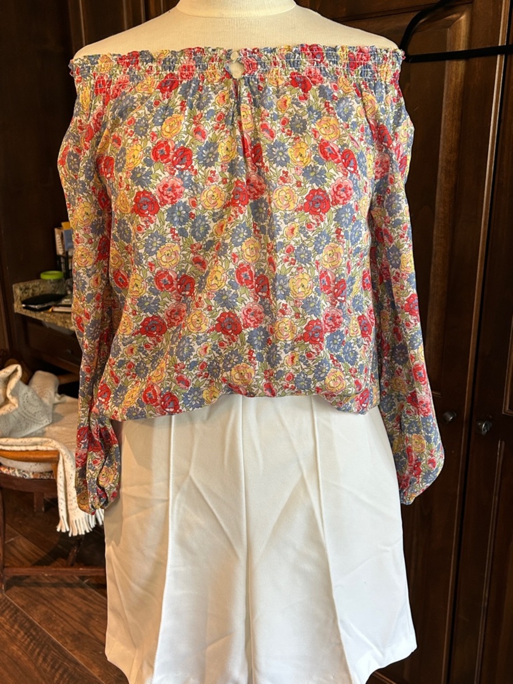 Ralph Lauren Sz 10 Floral Off-Shoulder Sheer Long Summer Sleeve Blouse